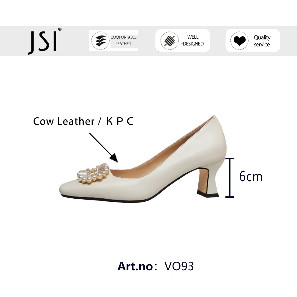 

JSI Spring Autumn Dressing Pumps Shoes Women Mid Heels Genuine Leather Square Toe String Bead Stylish White Pearl Elegant VO93
