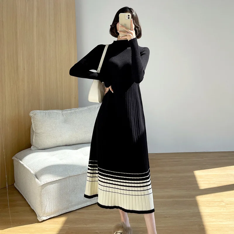 

Женское трикотажное платье-свитер выше колена, длинная юбка контрастных цветов с прострочкой внутри, Новинка осени 2021