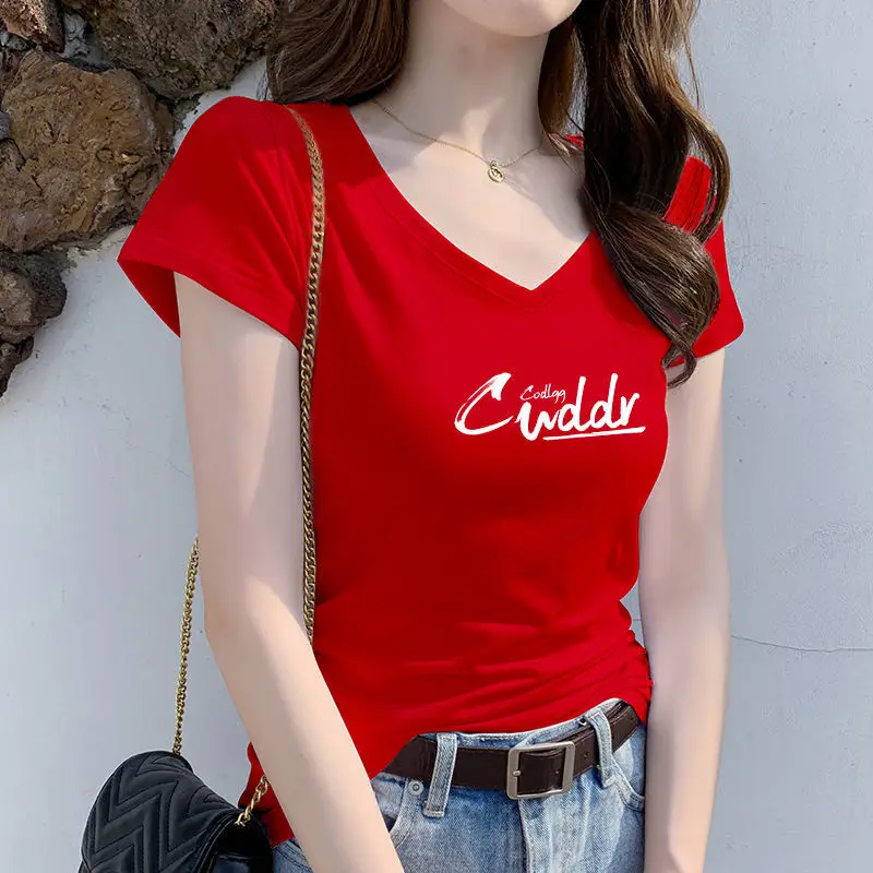 

Short sleeve T-shirt women's black slim cotton printing 2021 new summer v collar white short