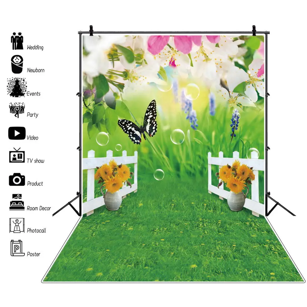 

Spring Easter Nature Scenery Decor Backdrop Green Grassland Flower Butterfly Baby Portrait Photography Background Photo Studio