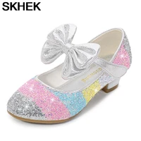skhek kids leather shoes for girls flower casual glitter children high heel girls shoes butterfly knot pink silver princess