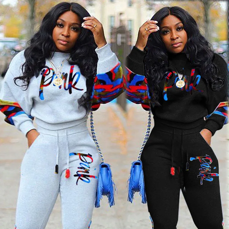 

Autumn Winter 2020 Tracksuit Women Two Piece Set Letter Print O-Neck Long Sleeve Sweatshirt Top And Pants Leisure Sport Suit 2PC