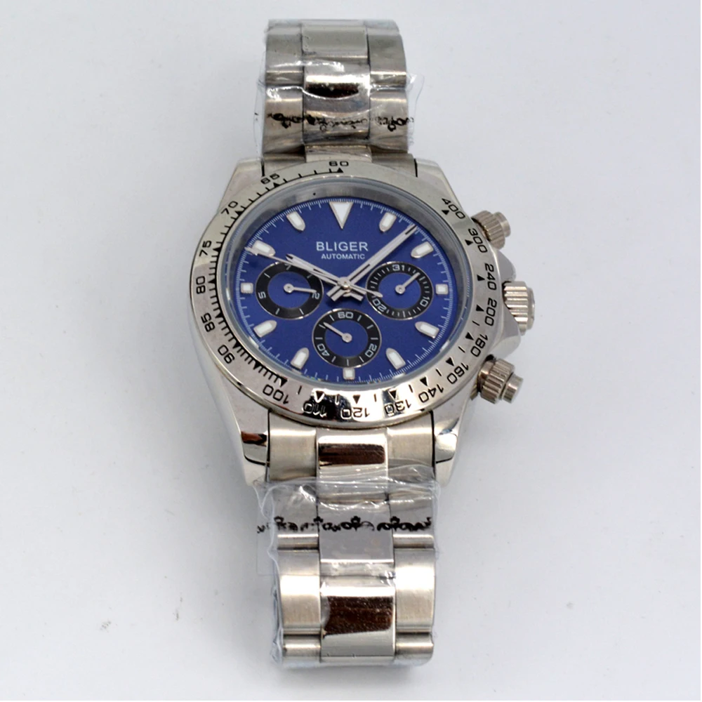 Bliger 39 мм новые мужские роскошные часы с синим циферблатом и стальным ободком