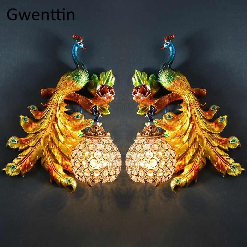 

Gold Peacock Led Wall Lamp Vintage European Crystal Wall Sconce Light Fixtures Art Decor Bedroom Bathroom Home Lighting Fixtures