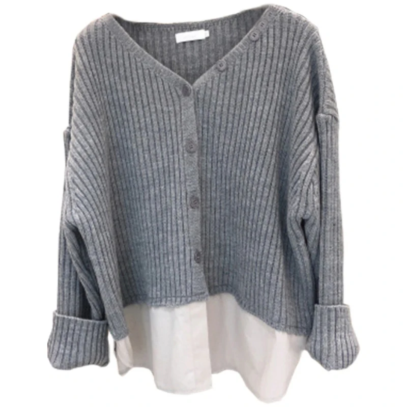 

2021 Autumn Winter New Knitted Buttoned Color Matching V-neck Sweater Stitching Sweet and Versatile Top DK1011