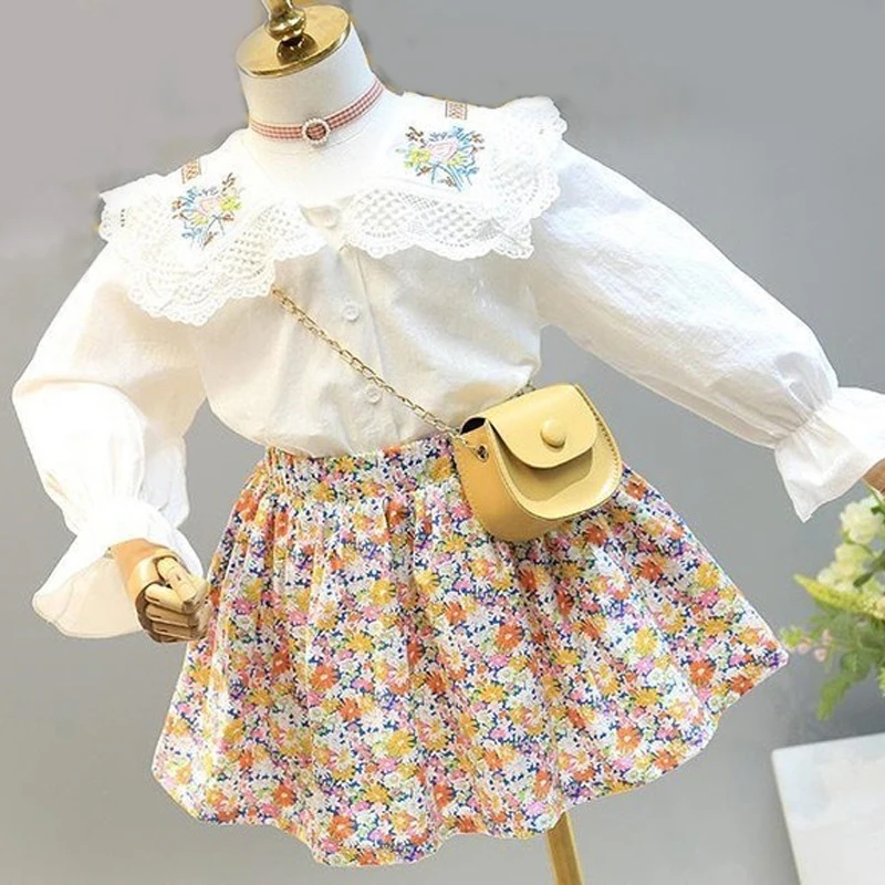 Autumn Girls' Clothing Sets Ladies French Style Lace Lapel Shirt And Floral Skirt 2Pcs Children Outfits Baby Kids Clothes Suit