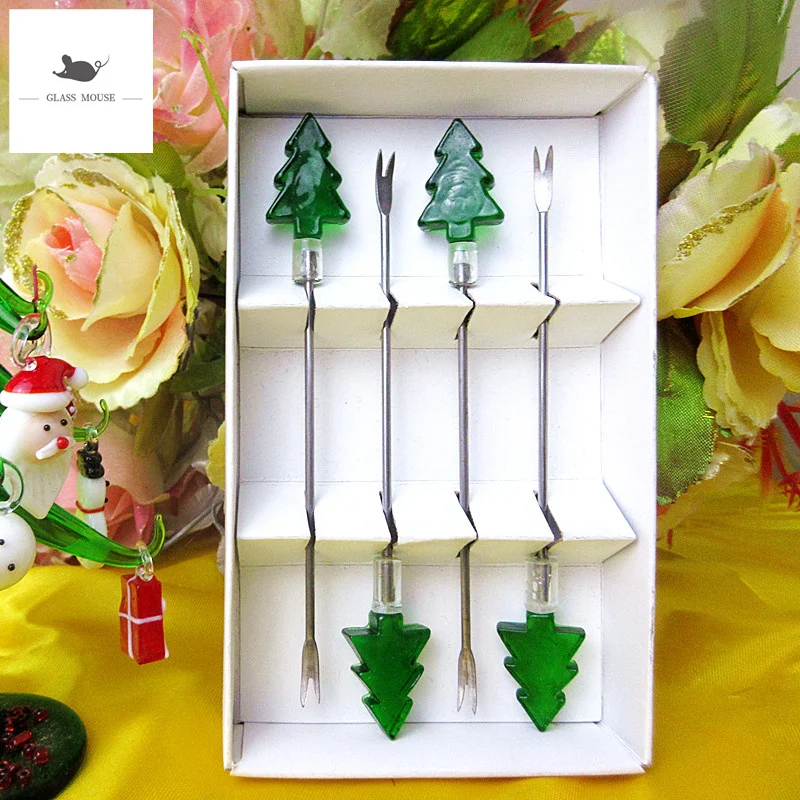 Custom cute handmade murano glass christmas tree fruit fork set miniature tableware stainless steel Cocktail Cake dessert sticks | Дом и сад