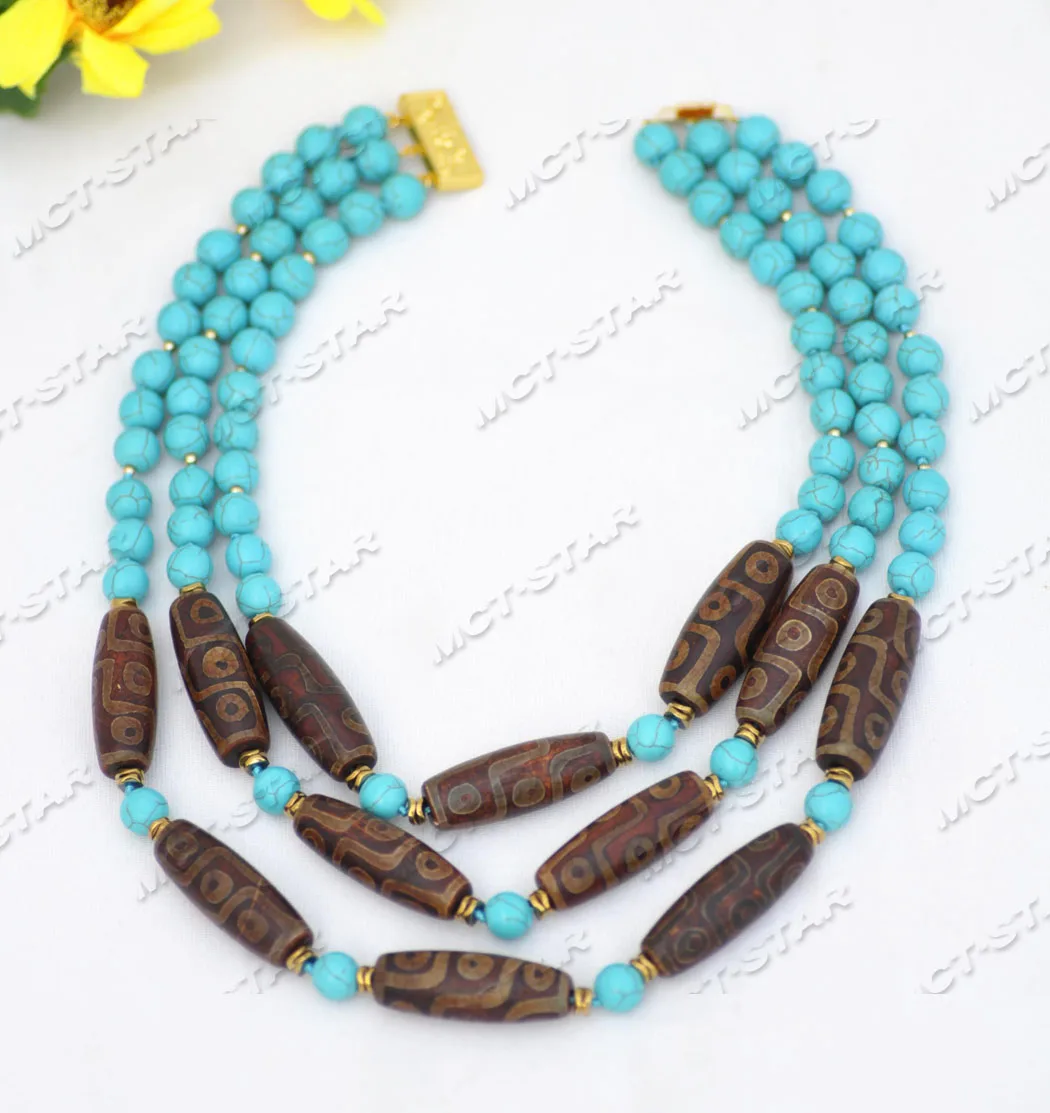 

Z11759 3Strands 21'' 40mm Coffee Tibetan Heavenly-Eye Blue Turquoise Necklace