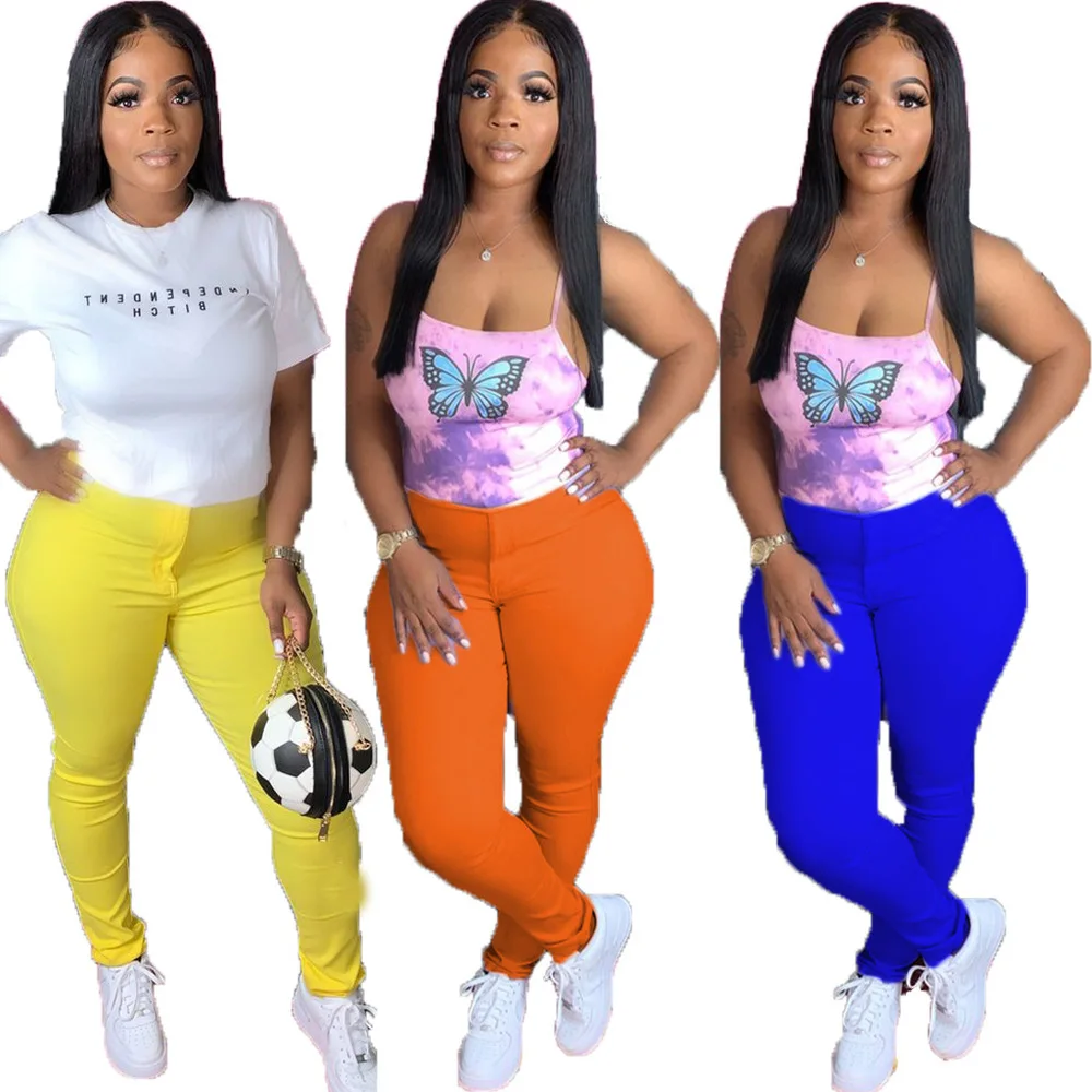 Неоновые желтые оранжевые Эластичные Обтягивающие женские брюки с высокой