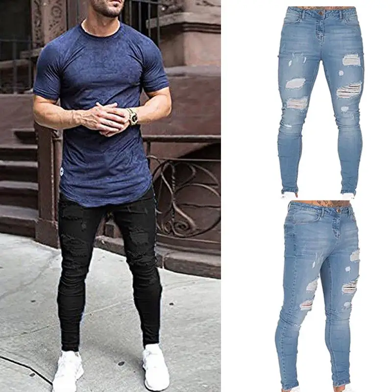 

Men Washed Jeans Tight Knees Hole Zipper Skinny Trousers Elasticity Strength Destroyed Torn Pants