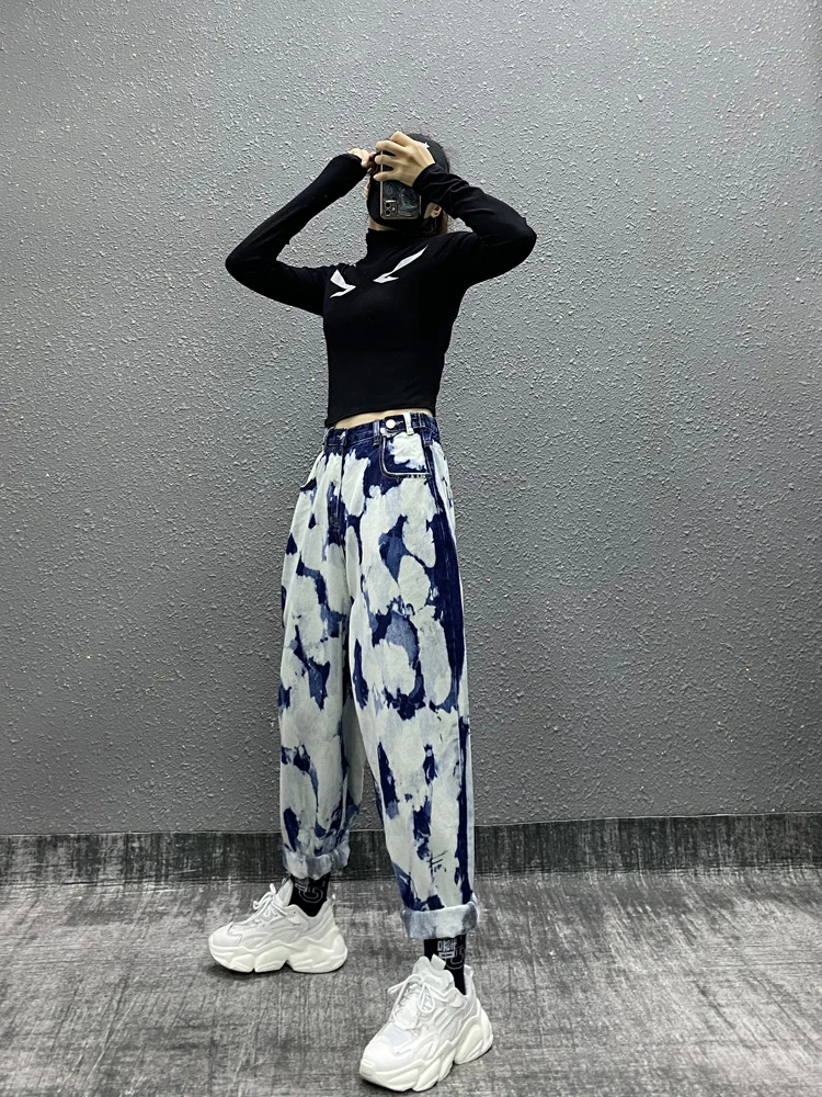 

Personalized Rendering Loose Jeans for Women Spring New Fashionable Stylish Elastic High Waist Slimming All-Matching Pants