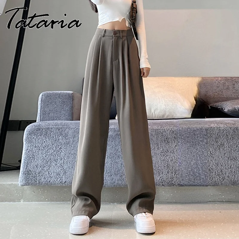 

Women's Trouser Suit White Straight High Waist Floor-Length Pants Autumn Female 2021 Office Ladies Basic Classy Wide Leg Pants