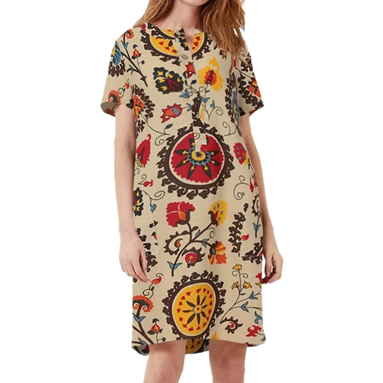 

Retro printed round neck short sleeve open tube patch pocket cotton linen dress