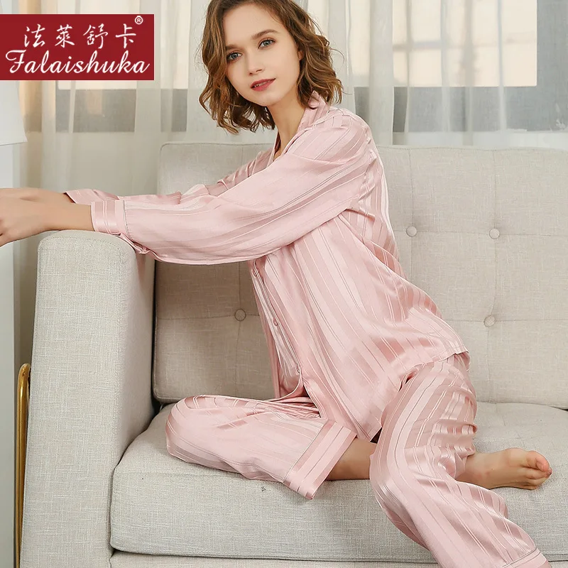 Sexy Pink Striped 100% silk pajamas sets women sleepwear long sleeves Korean Elegant genuine silk womens pyjamas T8235