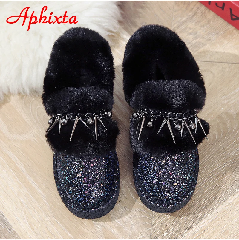 Сапоги aphixta; женские зимние ботильоны на плоской подошве; теплая женская обувь на платформе; женские меховые сапоги с круглым носком и металлической бахромой; Botas Mujer