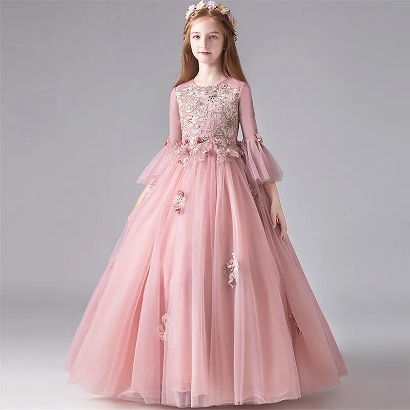 

Children Girls Luxury Embroidery Flowers Birthday Wedding Party Princess Fluffy Dress Kids Teens Elegant Model Show Piano Dress