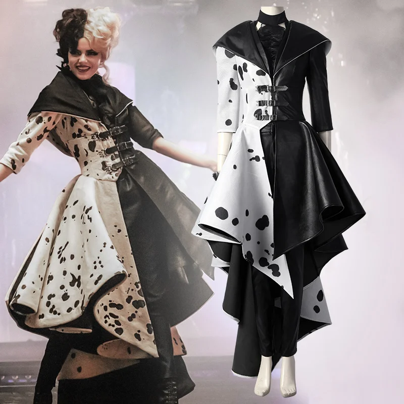 Женский костюм для косплея Cruella De Vil черно-белое платье в горошек куртка пальто