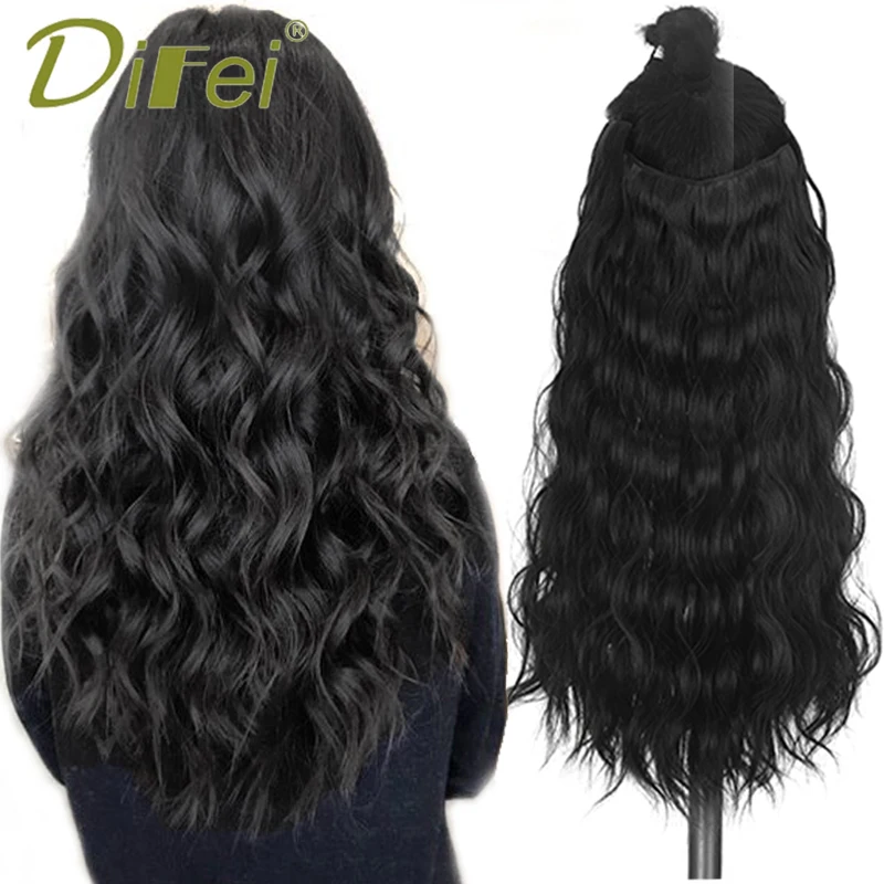 DIFEI 50CM-55CM Synthetic Long Wavy Natural Color Hair Extension Piece Wig Clip For Daily Wear On Women’s Hair