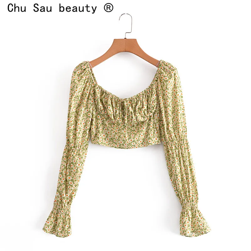 

2021 Summer Vintage Hedging Square Neck Small Daisy Print Chest Tie Flare Sleeve Back Zipper Slim Blouse Woman Crop Top