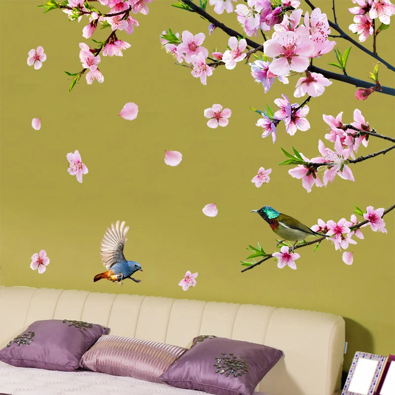 

Creative Aesthetic Peach Blossom Birds Wall Stickers Home Office Decor Living Room Wall Art Mural Teen Girl Room Decor Decals