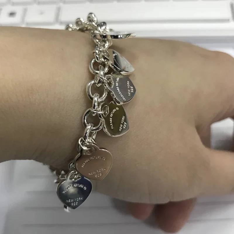 Женский браслет из серебра 100% пробы с мульти сердцем|Гибкие и жесткие браслеты| |