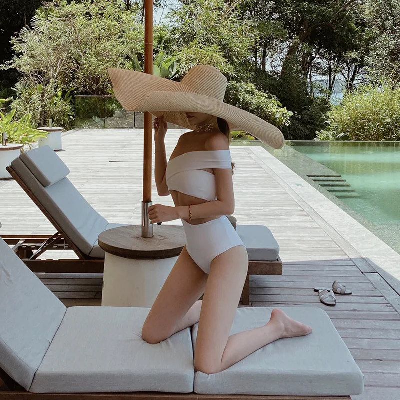 

Tankini Swimwear For Women Two Piece Swimsuit Separate Bikini 2 Sexy Inclined Korea Breasts Solid Spandex Swimsuit Ladies
