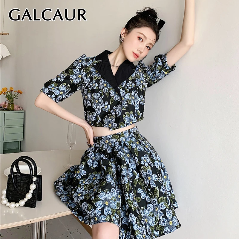 

GALCAUR Print Two Piece Set For Women Lapel Collar Puff Short Sleeve Tops High Waist Ruched A Line Mini Skirts Slim Sets Females