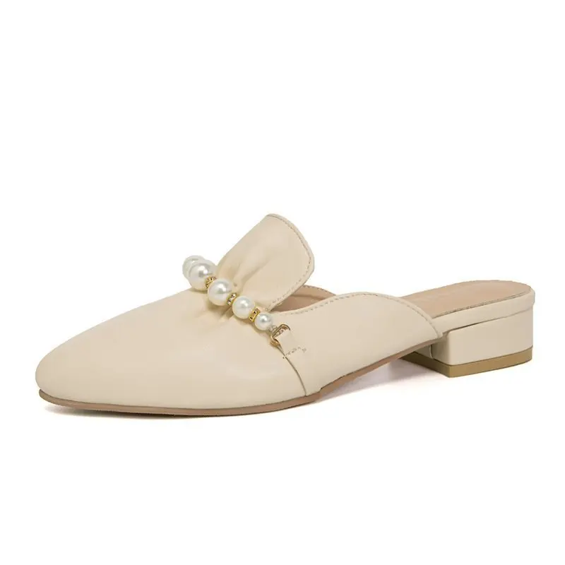 

Low String Bead Female Shoes Ladies' Slippers Cover Toe Luxury Slides 2021 Flat Designer Fabric Basic PU Square heel Rubber