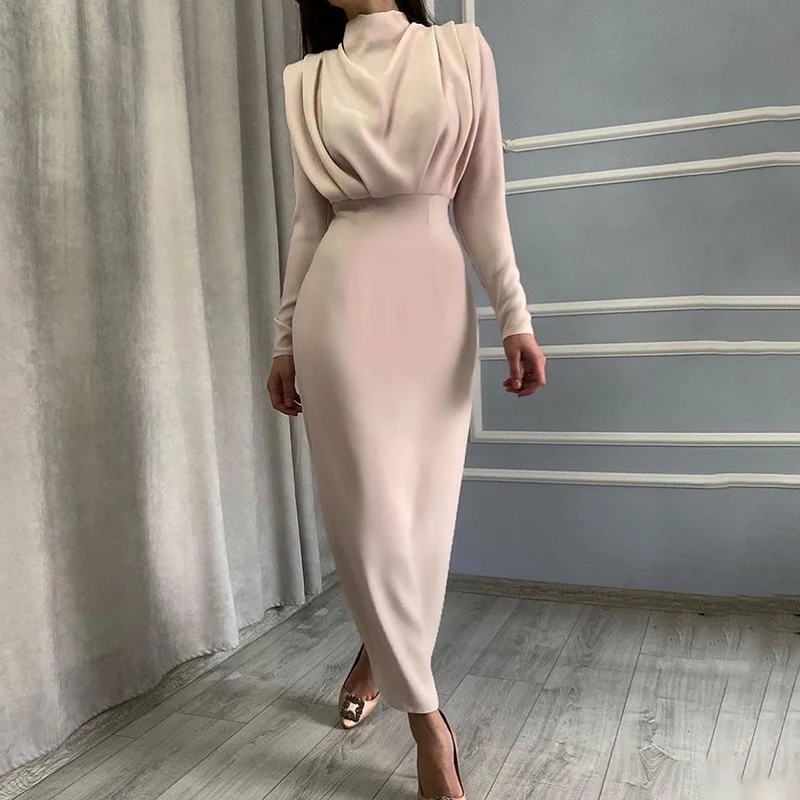 

Elegant Women Dress Stand Collar Slim Waist Solid Blue Ankle Length Autumn Long Sleeve Casual Party Dress 2020 Fashion