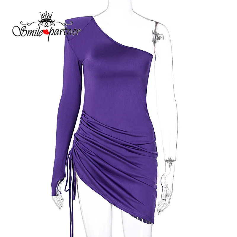 

Smile Solid Purple One Shoulder Shirring Dress Fashion Solid Slim Elastic Spring Mini Dresses Party New Draped Dress A2104150