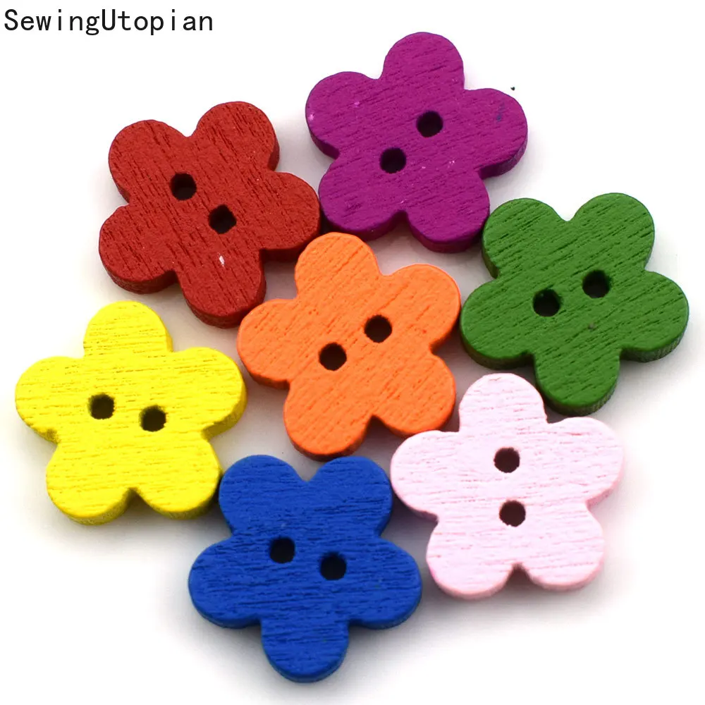 

100PCS Random Mixed Dot Flowers 2 Holes Pattern Wood Sewing Buttons Scrapbooking 11MM Wood Button