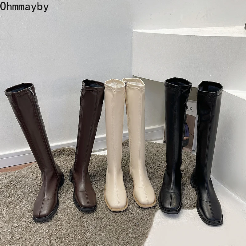 

2021 Winter Knee High Boots Woman Zipper Slim Bootties Flats Heel Round Toe Ladies Long Boots Female Fashion Shoes