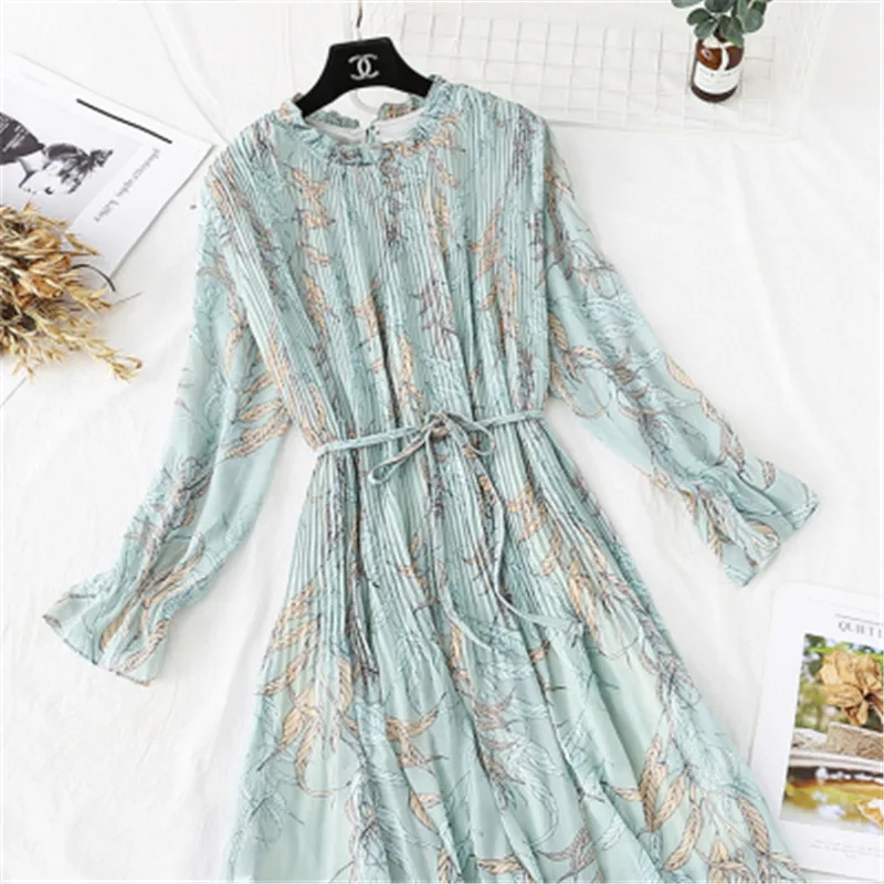

2020 Elegant square Collar Floral Print Women Dress Full Sleeve Elastic Slim Waist Chiffon Spring A-line Long Dress 2-86