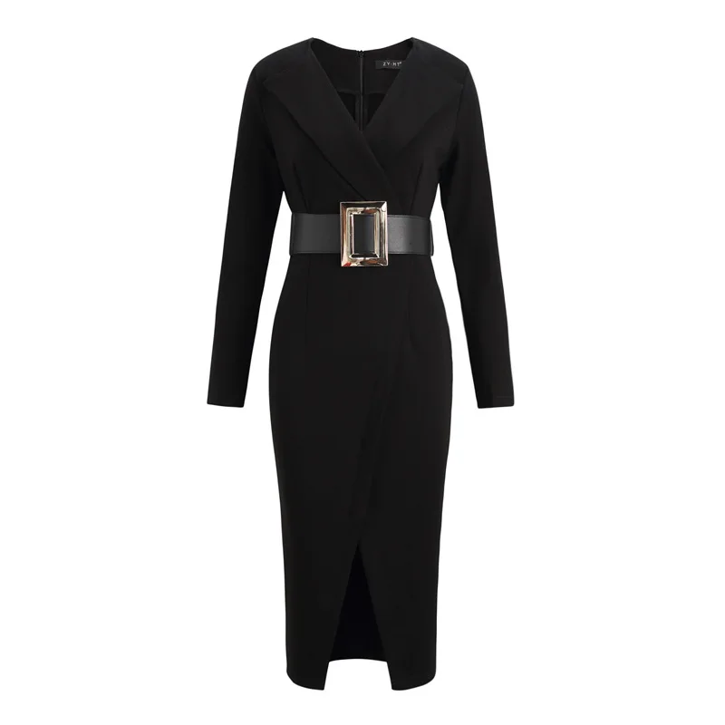 2021 осень размера плюс Разделение асимметричное платье черный красный с v