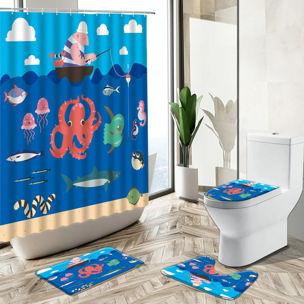 Offerte Cartone Animato Divertente Tartaruga Polpo Tenda Da Doccia Oceano Pianta Animale Bambini Bagno Decor Tappeto Antiscivolo Coperchio Wc Set Tappetino Da Bagno