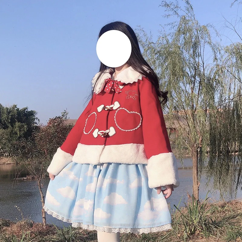 Anbenser Women Sweet Autumn Winter Lolita Coats Rabbit Ears Warm Soft Plush Cartoon Anime Cute Cat Kawaii Hooded Jackets Outwear