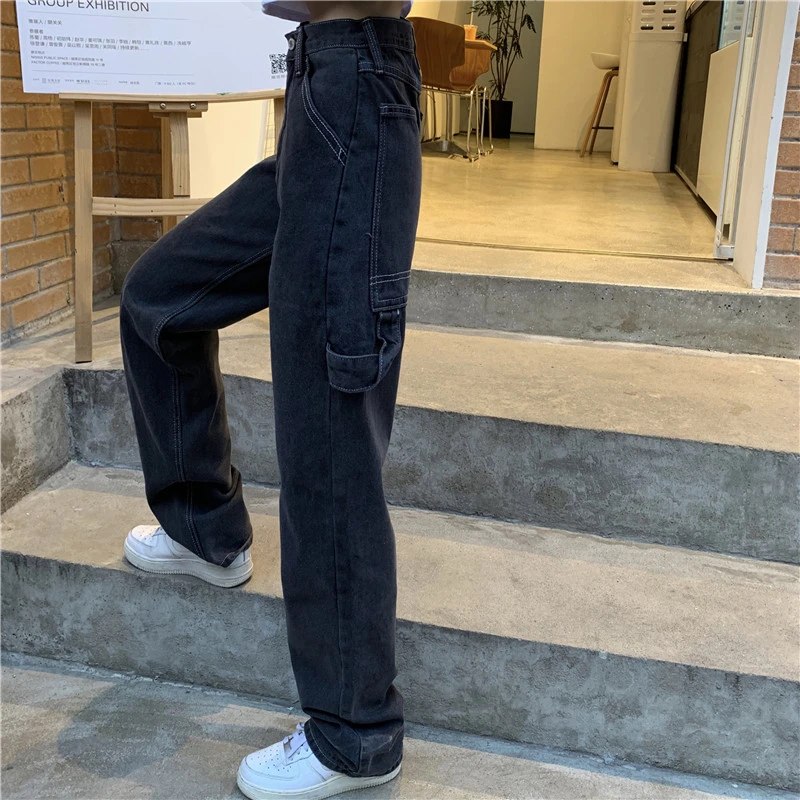 

2021 New Summer Casual Jeans Woman Long Trousers Cowboy Female Loose Streetwear Multi-pocket Straight Pants