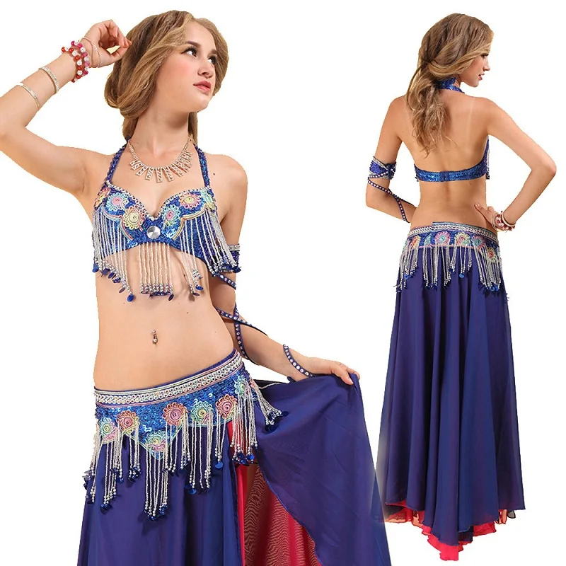 Женский костюм для танца живота синий с кисточками бюстгальтер + пояс юбка