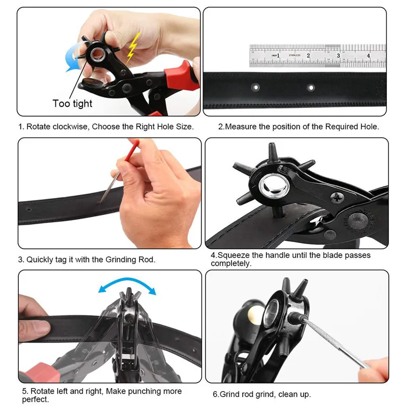 Multifunction Belt Hole Puncher Plier with 6 Holes Fabric Revolving Leather Punch for Belts Watch Bands Straps Cards Paper | Инструменты