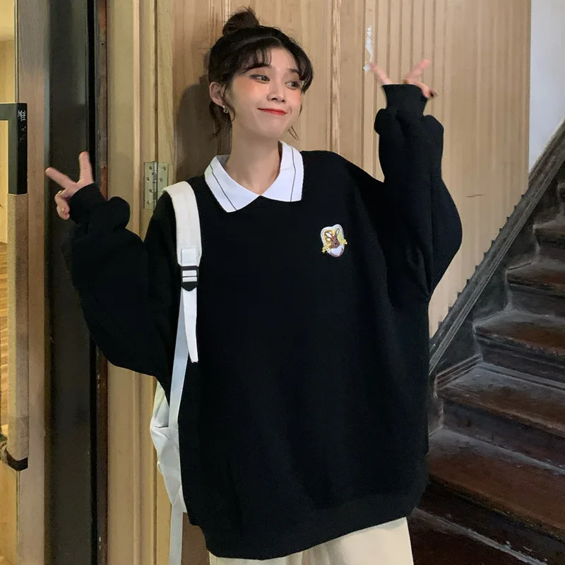 

QRWR 2020 New Sweatshirt Women Spring Autumn Japanese Vintage Embroidered Sweatshirt Korean Loose Lapel Polo Women Sweatshirt