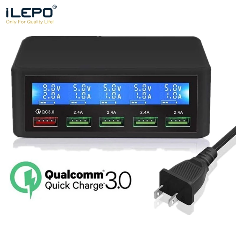 

iLEPO QC 3.0 Quick Charge 5 Port USB Charger with LCD Display Multi-port Phone Charger Fast Chargeur For Phone Portatil Cargador