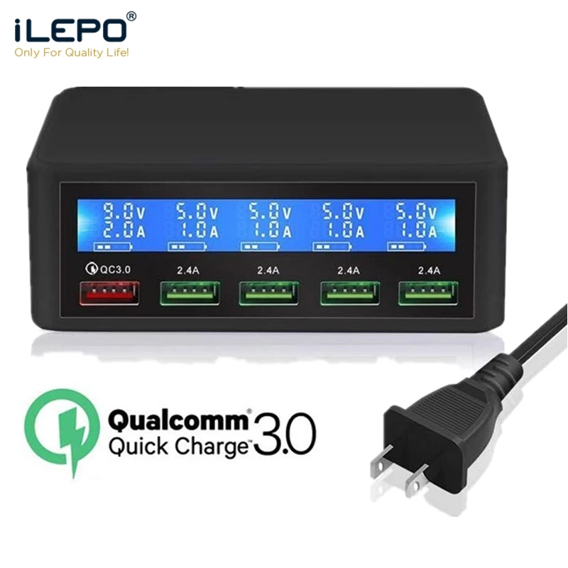 Фото ILEPO QC 3 0 Быстрая зарядка 5 Порты и разъёмы USB Зарядное устройство с ЖК дисплей