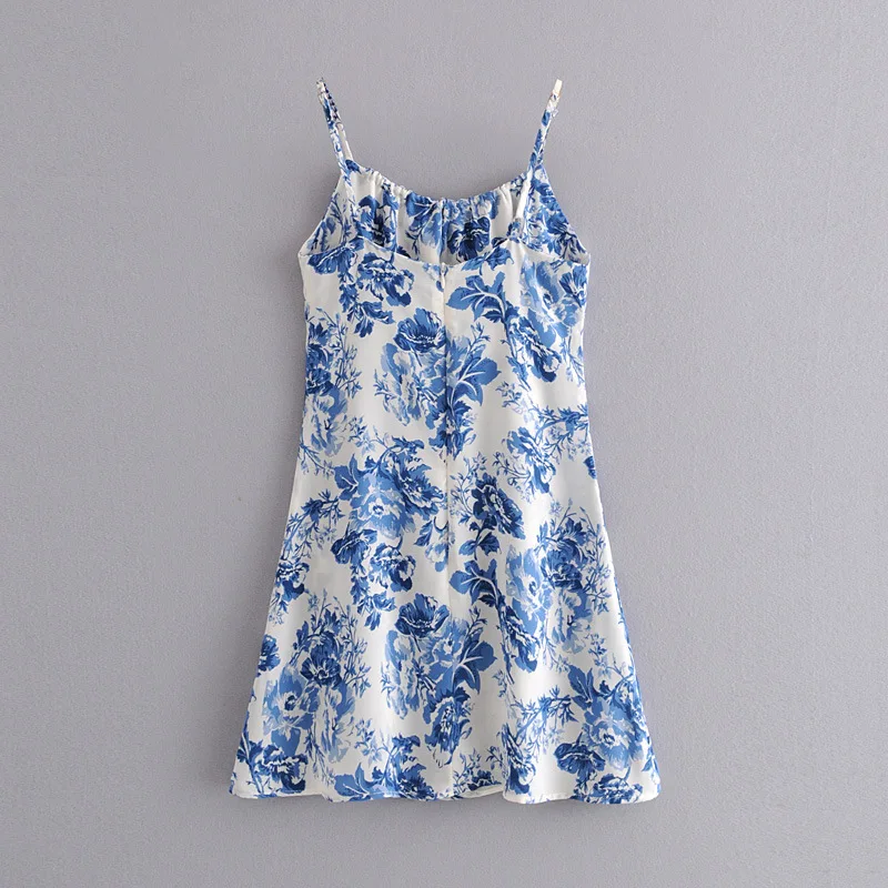 

women's blue porcelain print slim suspender short dress 2021 ladies summer sleeveless spaghetti floral dress