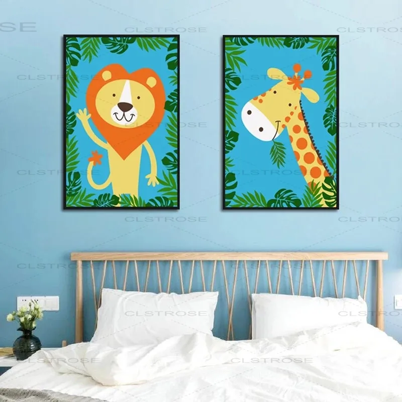 

Nordic Style Blue Background Tropical Rainforest Plant Leaves Cartoon Animals Frameless Poster Canvas Hd Printing Wall Painting