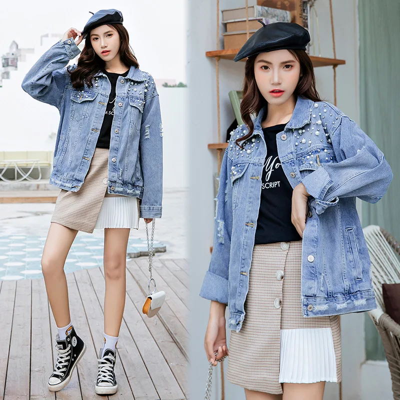 

2020 Cacual Blue Wash Long Sleeve Jean Jacket Women Pearl Beading Denim Jackets Women Bomber Denim Coat Big Size Jacket Coat