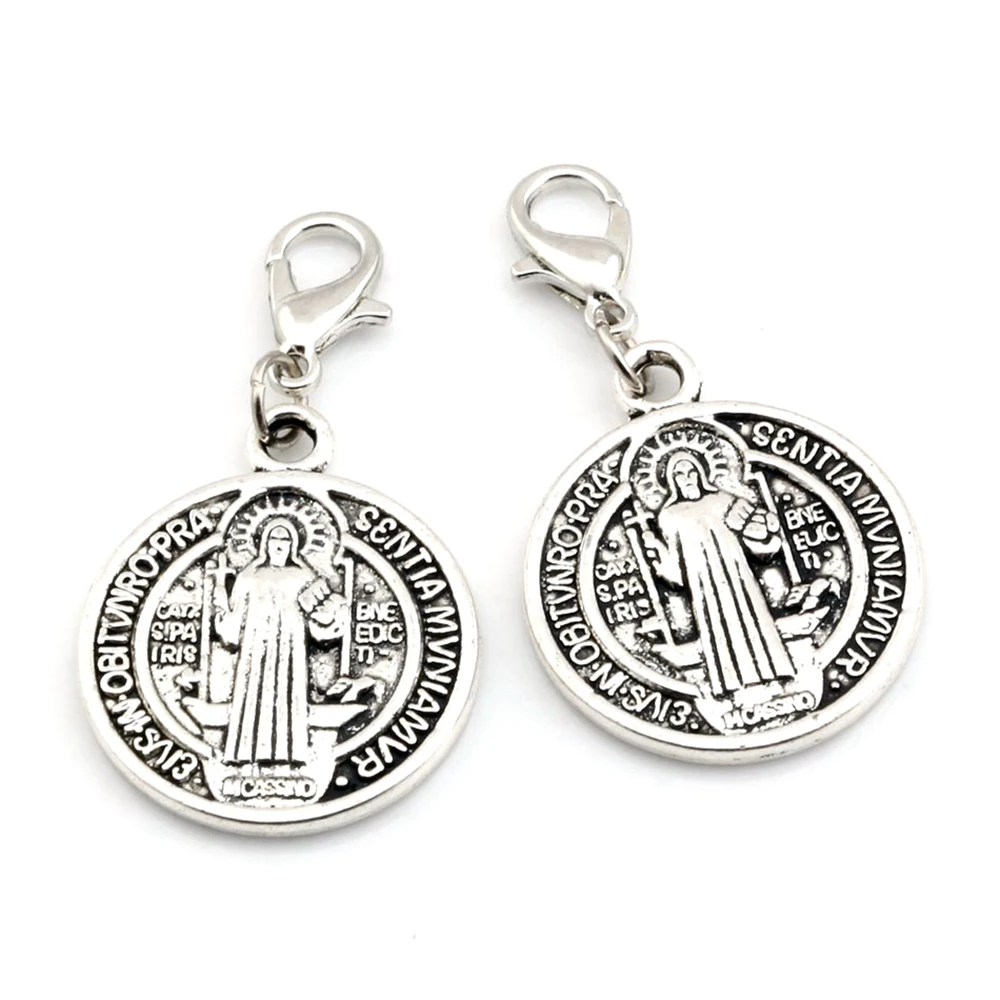 

100pcs TibetanSilver Alloy Saint Jesus Benedict Nursia Patron Medal Crucifix Cross Religious Lobster Clasp Charm Pendant 39x21mm