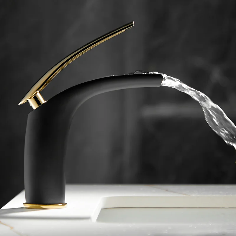 

Basin Waterfall Faucets Solid Brass Bathroom Sink Mixer Hot & Cold Single Handle Deck Mounted Lavatory Crane Taps Black Gold