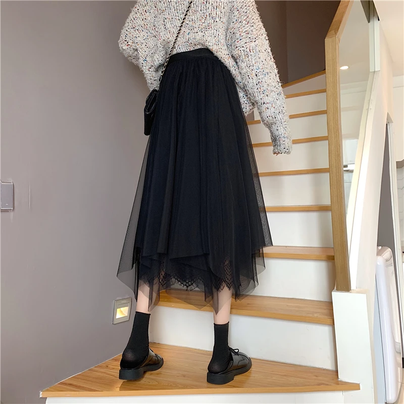 Черные Сетчатые юбки для женщин нежная юбка-трапеция средней длины в Корейском