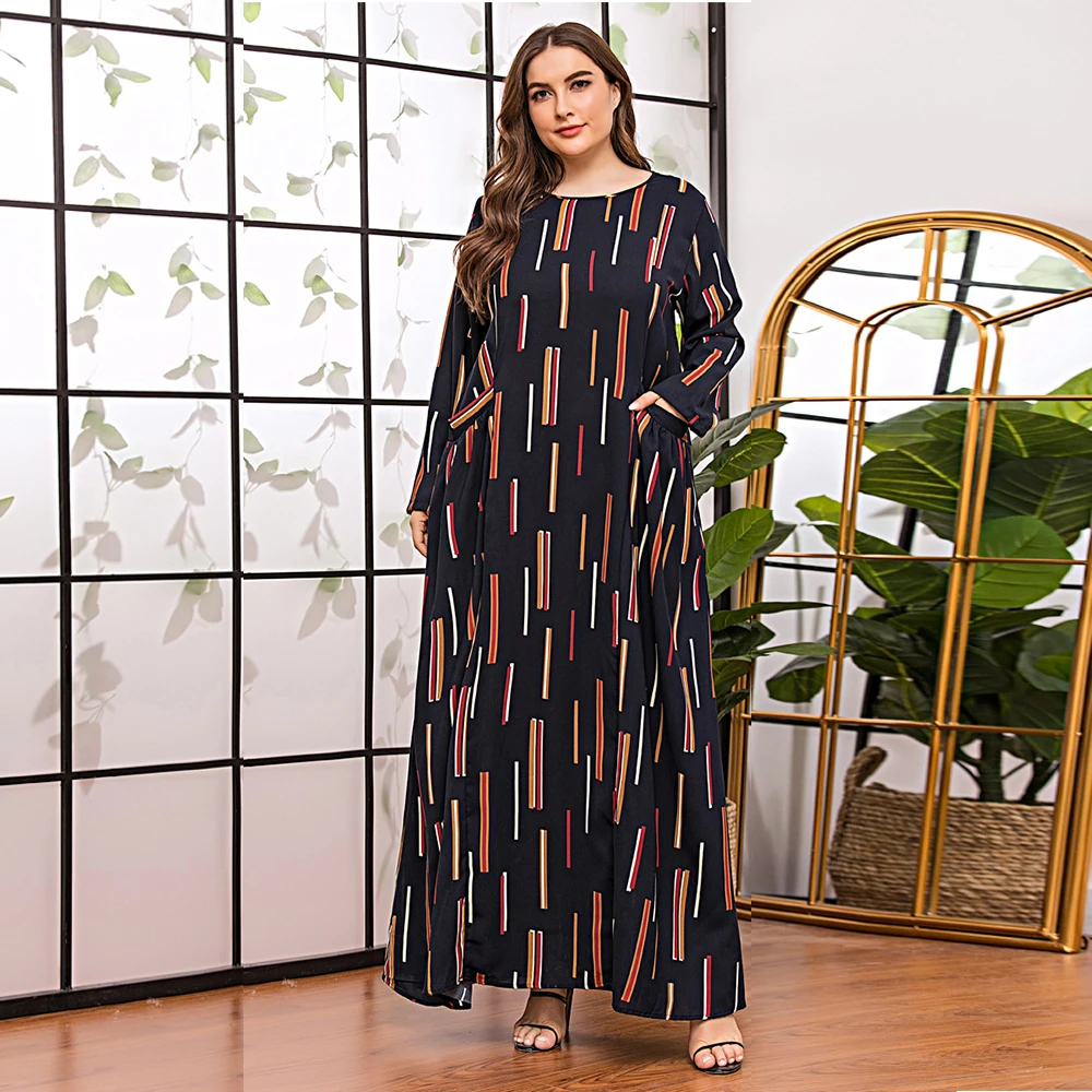 DOIB черные полосатые платья размера плюс для женщин 4XL карман с длинным рукавом