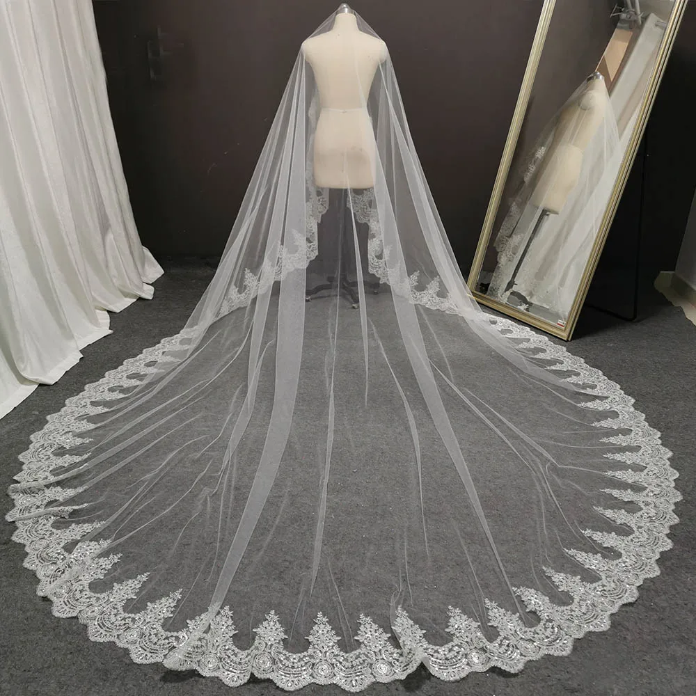 

No Comb Wedding Veil Full Edge with Lace Bling Sequins 4 M One Tier Lace Bridal Veil Long Veil for Bride Wedding Accessories